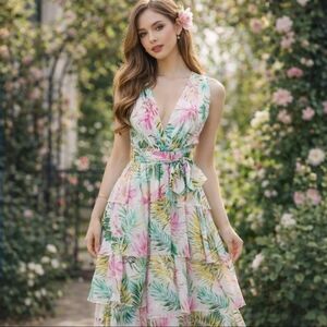 L'ATISTE  Maxi Dress Size L Multi Way Tiered Cottagecore Romantic Glam Occasion